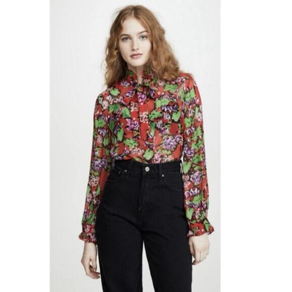 Saloni Emile Georgette Sheer Top 100% Silk Size 8 Floral Cherry Damask Tie Neck - Picture 1 of 7